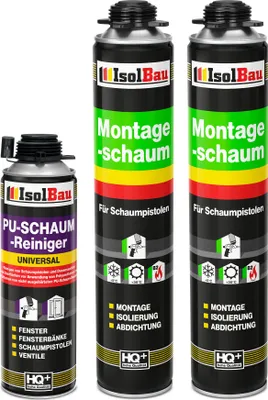 Produktbild von Isolbau Bauschaum-Set - Inkl. 2x 1K Montageschaum Pistolenschaum (je 750 ml) & 1x PolyurethanSchaum-Reiniger (500 ml)
