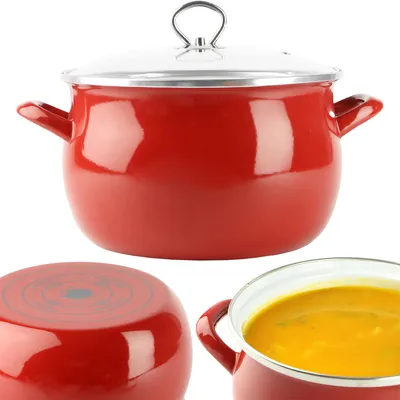 Obrázok produktu pre Silesia Smaltovaný oceľový smaltovaný kuchynský hrniec Helena Hrniec 6,5 L Červený smaltovaný hrniec + sklenená pokrievka 6,5 L