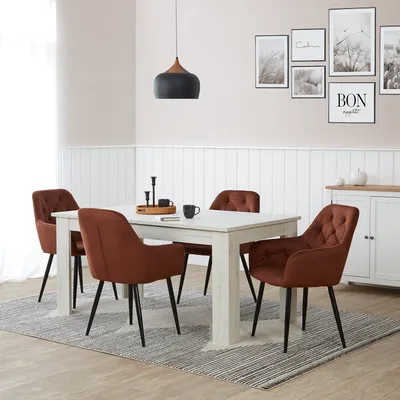 Produktbild von Homestyle4u Esstisch Weiß, ausziehbar 160-200x90 cm, Höhe 76,5 cm, für 8 Personen, rechteckig, Spanplatte, Melaminharzbeschichtung Eichenoptik, ABS-Kante, Vintage Landhausstil
