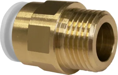 A close-up studio shot of a brass fitting with a white plastic component.