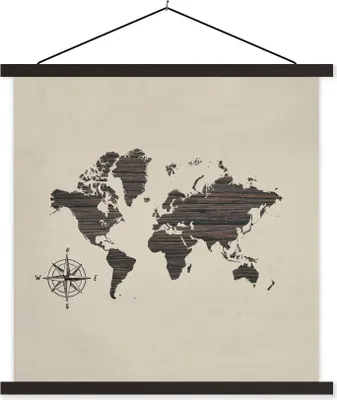 Produktbild von MuchoWow® Textilposter Weltkarte - Holz - Kompass 120x120 cm mit schwarzem Rahmen - Aufhängungsset