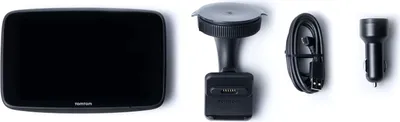 A navigation device and its accessories are laid out on a white background.