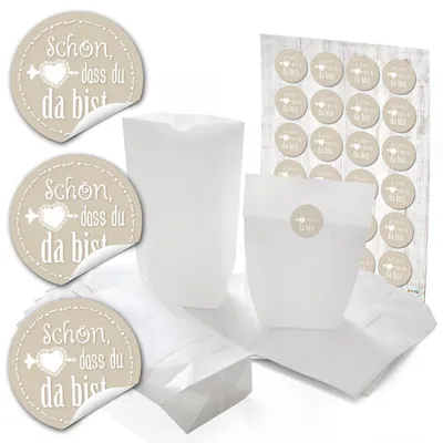 Produktbild von 24 weiße Gastgeschenk Papiertüten Papier-Beutel 16,5 x 26 x 6,6 cm + 24 runde Aufkleber 4 cm schwarz weiß - Danke + SCHÖN DASS DU DA BIST als Gastgeschenke Verpackung, give-aways"Danke" grau, rosa