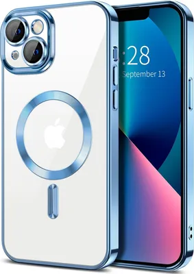 Image de Coque magnétique transparente pour iPhone 13, compatible MagSafe, coque de protection galvanisée avec protection de l'appareil photo Bleu clair