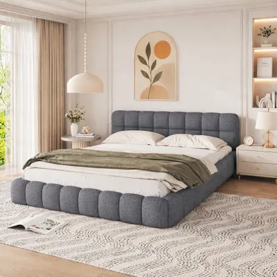 Produktbild von INONEFT Polsterbett 140x190 Bubble-Design mit Lattenrost, Doppelbett mit rundum gepolstert, ohne Matratze, Bettgestell für Erwachsene, Grau, Leinen