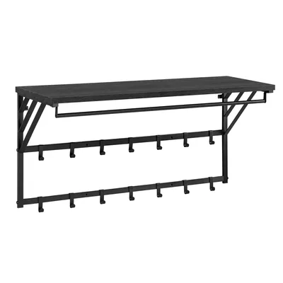 A wall-mounted coat rack with a shelf and multiple hooks, presented against a white background.