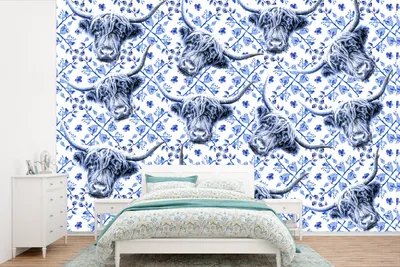 Produktbild von MuchoWow® Fototapete für Wohnzimmer oder Schlafzimmer Wandtapete Vinyl Motivtapete Schottischer Highlander - Delfter Blau - Muster - 360x240 cm - Vinyl-Tapete