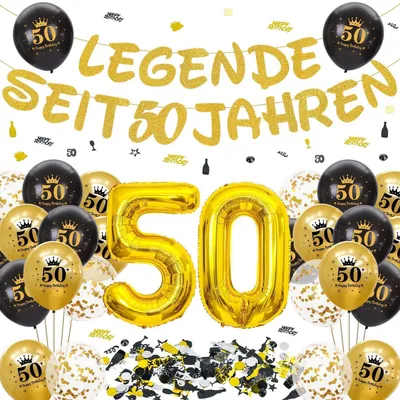 Produktbild von Geburtstagsdeko Set 50. Geburtstag Schwarz Gold Girlande Luftballons XXL Zahlenballon