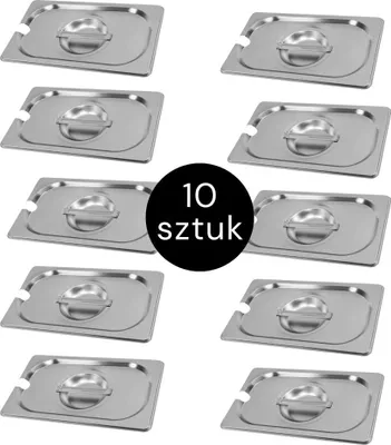 Zdjęcie produktu dla Pokrywka do pojemnika GN Mega-M 1/4, stal nierdzewna, 265x162mm, z wycięciem na chochelkę, zestaw 10 szt.