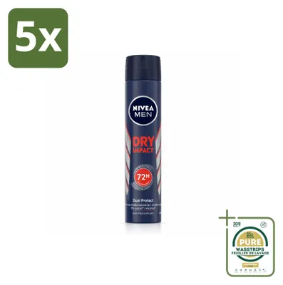 Imagen del producto de 5 unidades de NIVEA MEN Desodorante Antitranspirante en Spray Dry Impact, 200 ml - Paquete ahorro