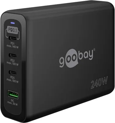 Image de Goobay 65885 Chargeur rapide multiport USB-C™ PD GaN (240 W) noir, noir, 1,5 m - 3x ports USB-C™ (Power Delivery) et 1x port USB-A