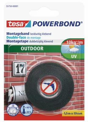 Produktbild von TESA Powerbond OUTDOOR, Montageband, Schwarz, 1,5 m, Draußen, Mauerziegel, Metall, Kunststoff, Stein, 0,1 kg/cm
