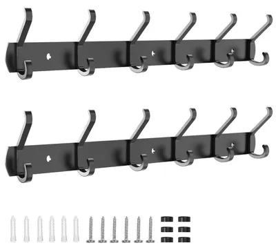 Immagine prodotto di Ganci appendiabiti da parete, 6 ganci, 54 cm, metallo nero, set da 2