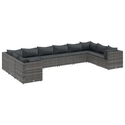 Produktbild von 10-tlg. Garten-Lounge-Set mit Kissen Grau Poly Rattan