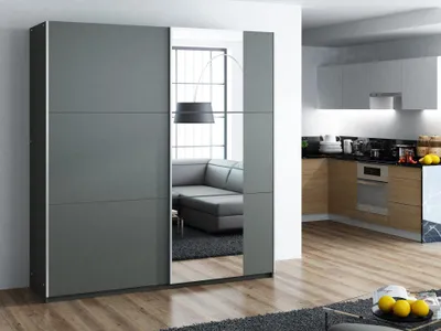 Produktbild von Krudox PRBS 200 cm Graphit Schwebetürenschrank Mit Spiegel Breiten 150/200 cm Kleiderschrank Für Wohnzimmer Mit 2 Kleiderstangen Farben Weiß/Graphit