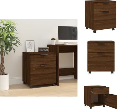 A collage of images showing a brown oak-effect mobile filing cabinet from different angles, including a lifestyle shot in an office setting.