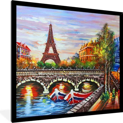 Produktbild von MuchoWow® Gerahmtes Poster Gemälde - Öl - Eiffelturm - Paris - Wasser 40x40 cm - Poster mit Schwarzem Bilderrahmen Wandposter Rahmen Foto Bilder - Mit Rahmen - Wanddekoration Schlafzimmer