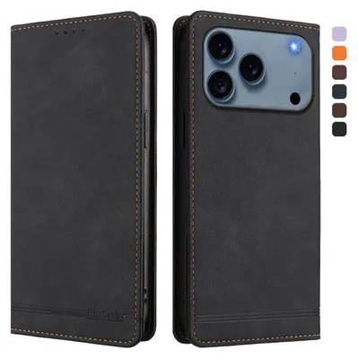Image de Étui pour iPhone 18 Pro, coque rabattable en cuirPolyuréthanerétro avec support et compartiments pour cartes, couleur noire