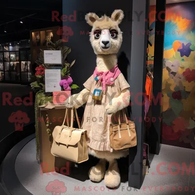 Produktbild von Maskottchencharakter REDBROKOLY eines beigefarbenen Lamas mit Minikleid und Handtaschen