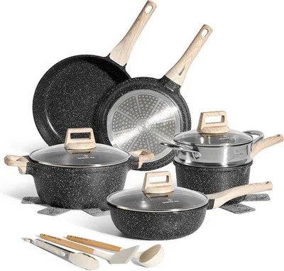 Produktbild von Induktions-Pfannenset mit Glasdeckel - Antihaft-Pfannen - Black - 14-teiliges kleine Dampf-Pfannenset mit Kaltgreifern