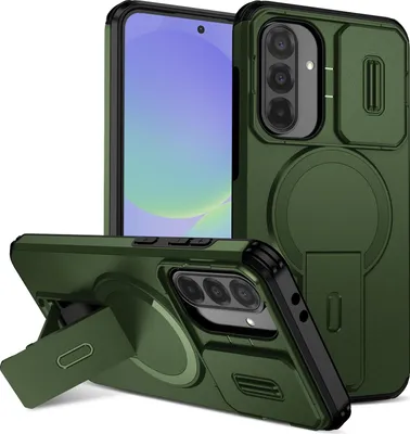 Immagine prodotto di Custodia magnetica per Samsung Galaxy A56/A36, custodia resistente a due strati con protezione della fotocamera scorrevole e supporto regolabile Verde