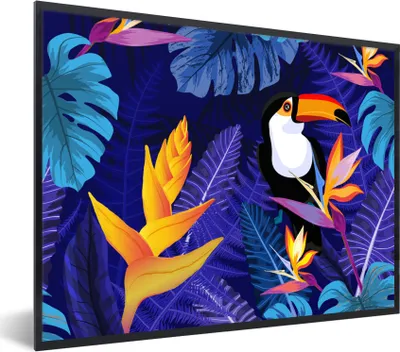 Produktbild von MuchoWow® Gerahmtes Poster Dschungel - Tukan - Blumen - Pflanzen - Kinder - Lila - Tiere 80x60 cm - Poster mit Schwarzem Bilderrahmen Wandposter Rahmen Foto Bilder - Schwarzem - Mit Gestell