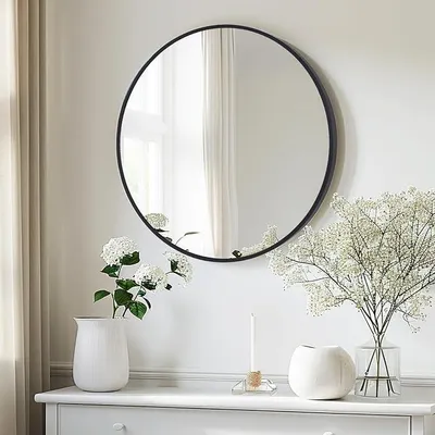 Imagen del producto de Espejo de pared redondo, 60 x 60 cm, con elegante marco de aluminio , ideal para colgar en baños, pasillos, recibidores o salones