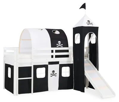 Produktbild von Homestyle4u Hochbett 90x200 mit Rausfallschutz Kinder mit Rutsche Leiter Turm Tunnel Vorhang Pirat