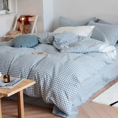 Produktbild von Omgoods – Bettwäsche-Set aus Baumwolle mit Karomuster in Blau und Weiß