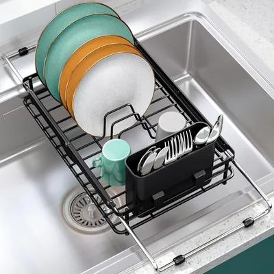 Image de Égouttoir, égouttoir coulissant pour évier, égouttoir pour évier avec porte-couverts, égouttoir compact pour plan de travail, noir
