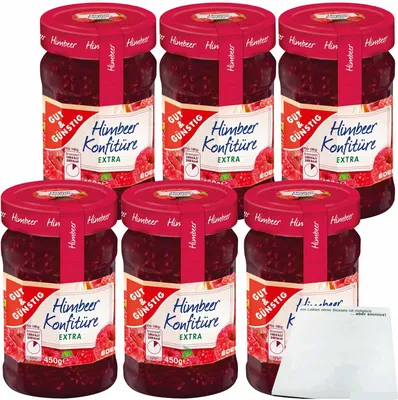 Produktbild von Gut & Günstig Himbeer Konfitüre extra ausgeprägter Himbeergeschmack und 50% Frucht 6er Pack (6x450g Glas) + usy Block