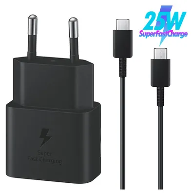 A black USB-C fast charging adapter and cable set against a white background.