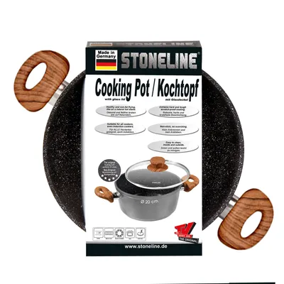 A cooking pot with its packaging, showing product features and branding.