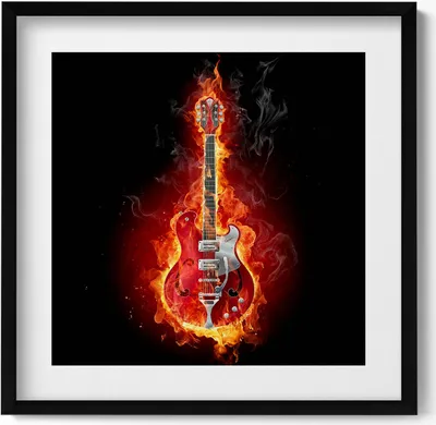 Produktbild von Flammende rote E-Gitarre– Wandbild mit Rahmen – Gerahmtes Bild  – Wanddekoration – 50x50 cm –  Schwarz Rahmen