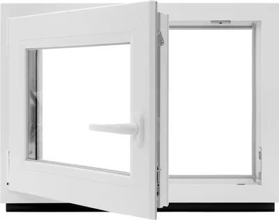 A white casement window is shown, open with the left pane tilted inwards at the top.