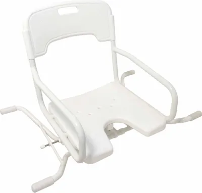 A white shower chair with a U-shaped seat and armrests, shown from a diagonal angle against a white background.