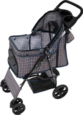 Produktbild von Haustierwagen mit Regenabdeckung und Fronttasche – blaues Tartanmuster