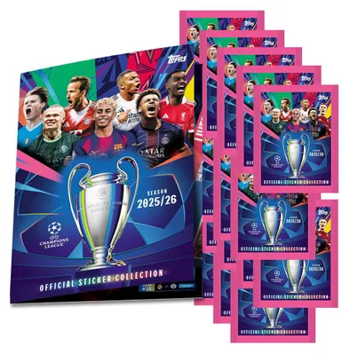 Zdjęcie produktu dla Topps – Liga Mistrzów 2025/2026 – naklejki kolekcjonerskie – 1 album + 20 torebek