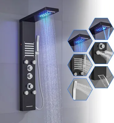 Produktbild von LED Duschpaneel mit Thermostat, 5-Funktion Duschsäule mit Regenfall Wasserfall Duschkopf, 5 Massagedüsen, Edelstahl-Handbrause und Wanneneinlauf
