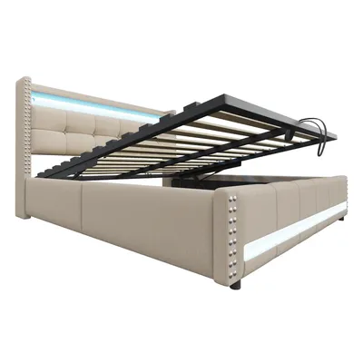 Image de Lit rembourré 180 x 200 cm Lit double avec éclairage LED, station de recharge USB et espace de rangement hydraulique, linge de lit, beige (sans matelas)