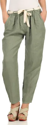 Produktbild von 317 Mississhop Damen Leinenhose lockere Freizeithose lange Hose mit Gürtel 100% Leinen OLiv