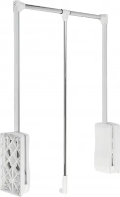 A white wardrobe lift mechanism with a silver hanging rail, isolated on a white background.
