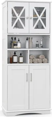 Produktbild von GOPLUS 145 cm Badezimmerschrank, freistehender Aufbewahrungsschrank mit Acryl-Türen und verstellbaren Regalen, 3 offene Fächer, Hochschrank für Küche