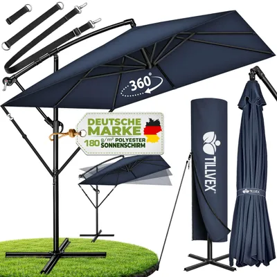Zdjęcie produktu dla tillvex® Prostokątny parasol aluminiowy Ø 330 cm granatowy + pokrowiec z korbką | Kwadratowy parasol wspornikowy ze stojakiem i wiatrochronem | Aluminiowy parasol ogrodowy z ochroną UV | Parasol z korbką Wodoodporny, obracany o 360