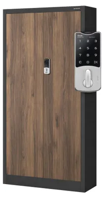 Produktbild von Aktenschrank Metallschrank mit Zahlenschloss Büroschrank Flügeltüren Stahlblech 4 Einlegeböden 185 cm x 90 cm x 40 cm anthrazit/nussbaum