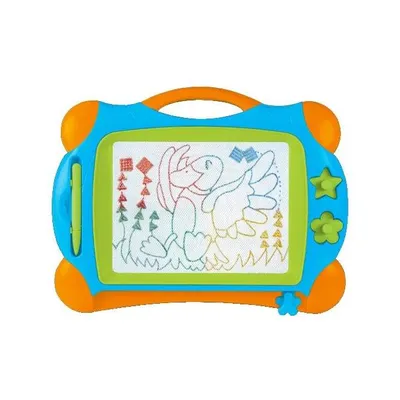 Produktbild von besttoy Zeichentafel, magnetisch, bunt, ca. 32 x 25,5 cm, Zeichenfläche ca. 18,5 x 14 cm, 4-farbiger Hintergrund, mit 2 Stempeln und 1 Stift, ab 3 Jahren