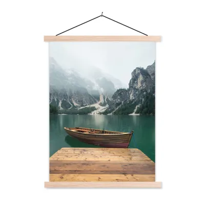 Produktbild von MuchoWow® Textilposter Nebel - Schnee - Berg - Boot 60x80 cm mit holzfarbenen Rahmen - Wandbild