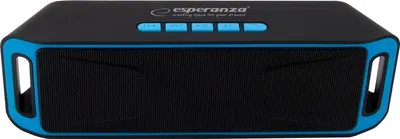 A black and blue portable speaker shown from the front.