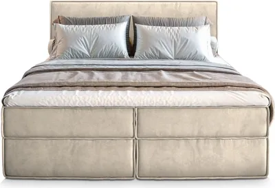 Produktbild von Masseno Boxspringbett PELLIO 180x200 cm Komplett-Set mit Bonell Matratze und Topper, Polsterbett mit Bettkästen -Creme, MONOLITH 04
