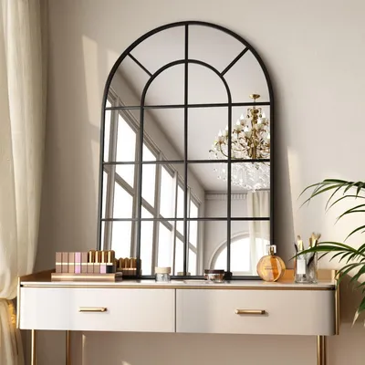 Image de Miroir mural, forme en arc, motif en treillis, 90 x 60 cm, noir, verre trempé